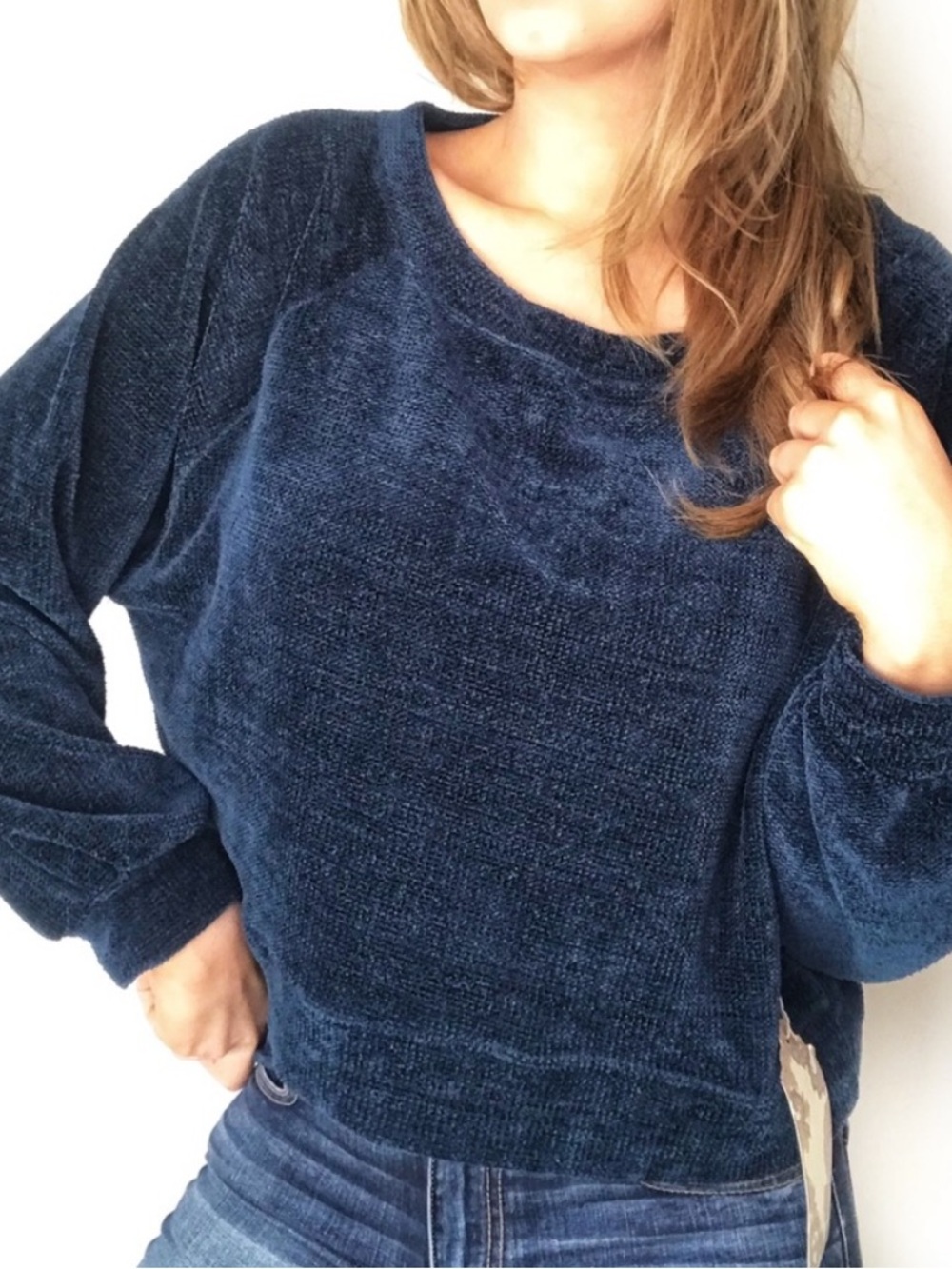 Revolve X Band of Gypsies navy blue teal chenille lightweight cozy knit sweater
